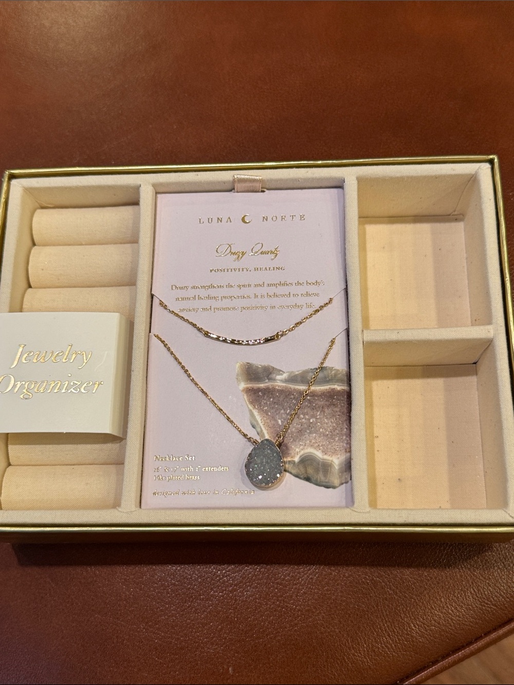 2 necklaces, 1 Druzy & 1 gold necklaces/jewelry organizer - New in Box